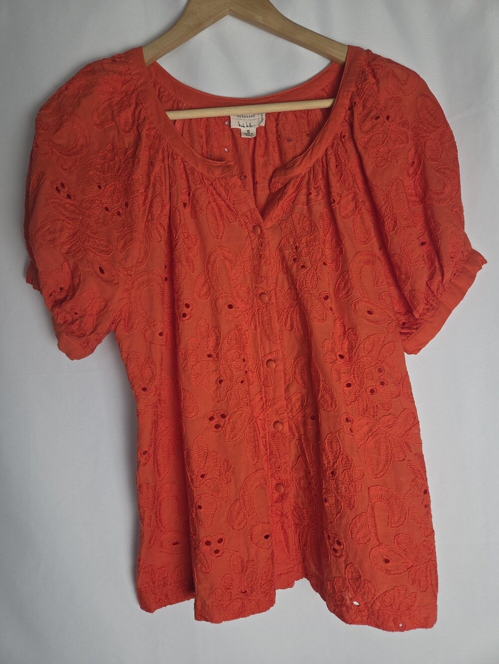 Nicole Miller Artelier Womens S Orange Eyelet Puff Sleeve V Neck Peasant Blouse